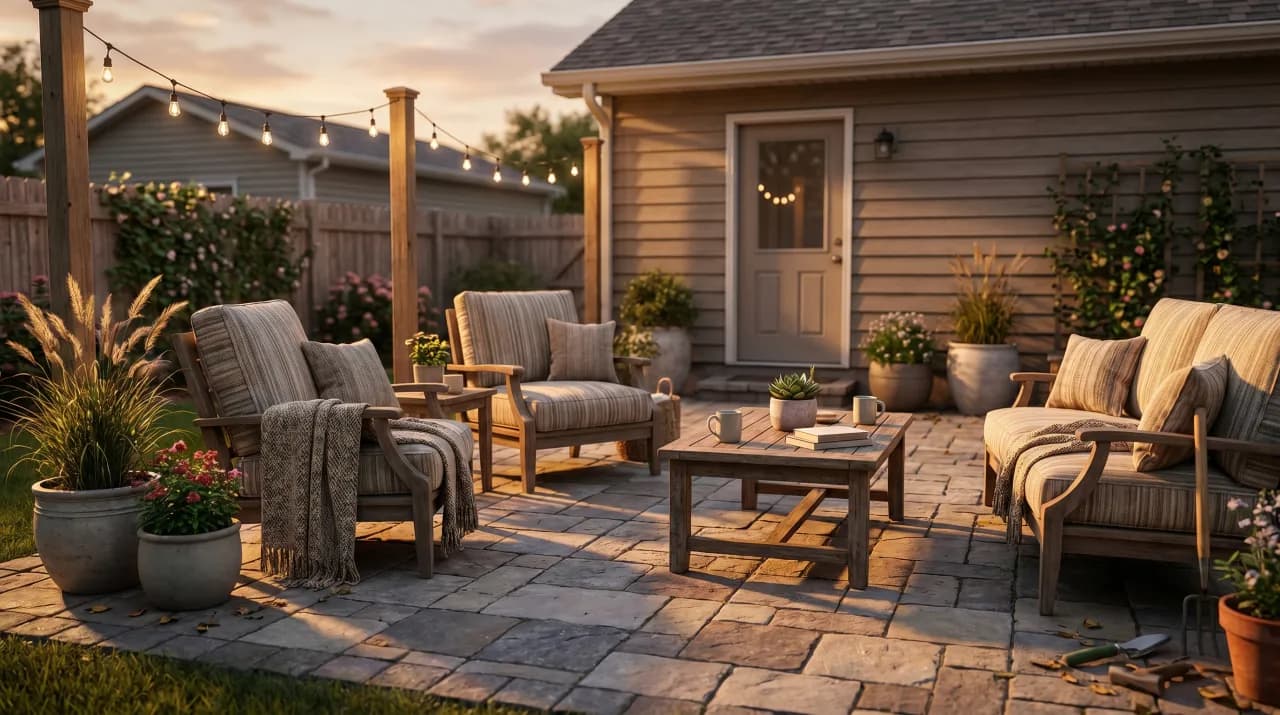Stone paver patio at dusk with string lights, wooden lounge furniture, potted ornamental grasses and roses on the fence