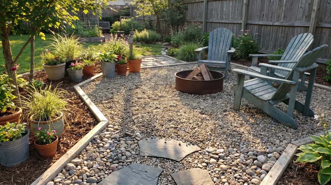 Small gravel backyard with Adirondack chairs, metal fire pit ring and potted plants