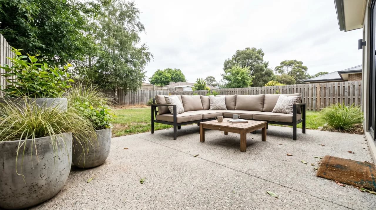 Concrete patio with minimalist sectional sofa, large concrete planters with ornamental grasses and open lawn