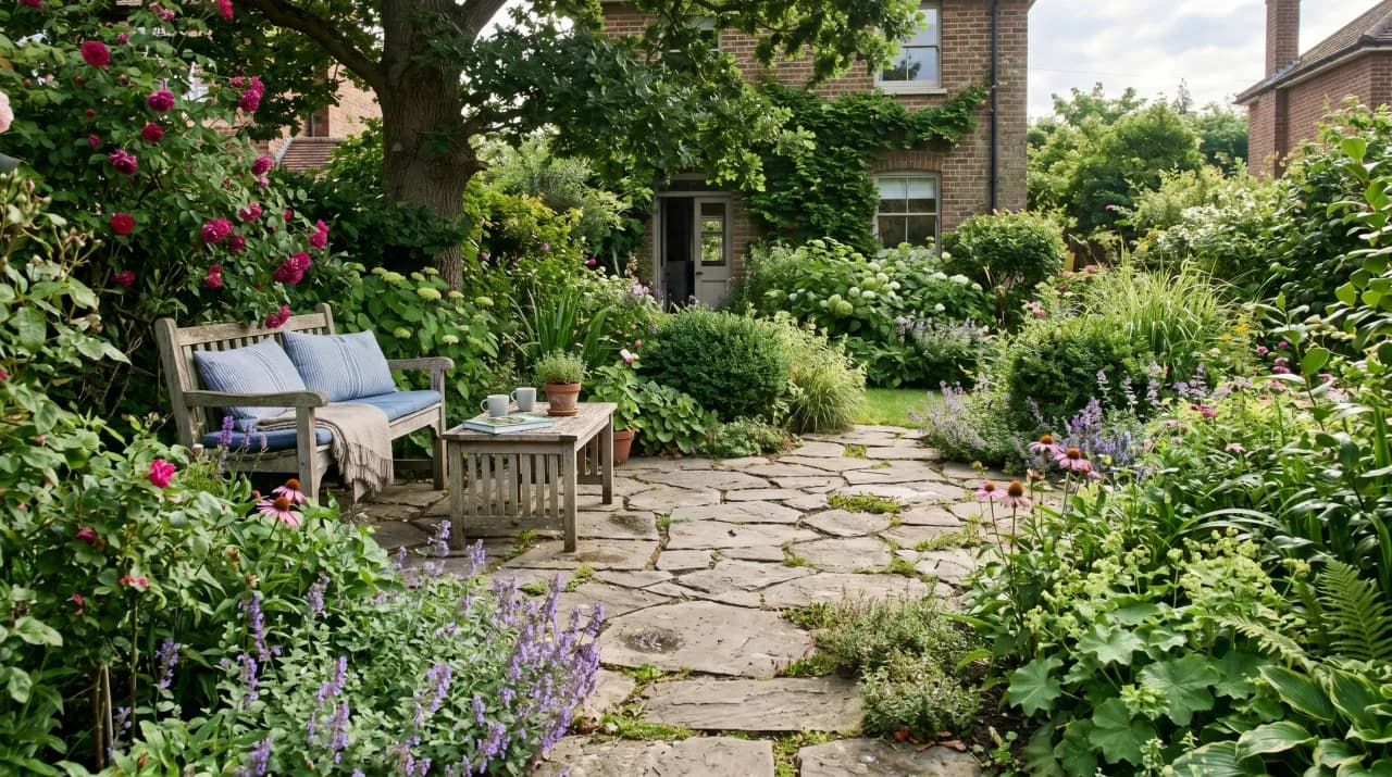 Flagstone patio surrounded by climbing roses, lavender and lush mixed cottage borders with a garden bench
