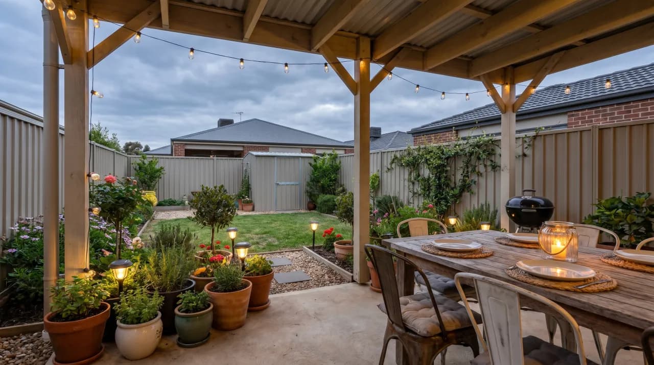 Covered pergola dining area at dusk with string lights, potted herbs, BBQ and a lush garden behind