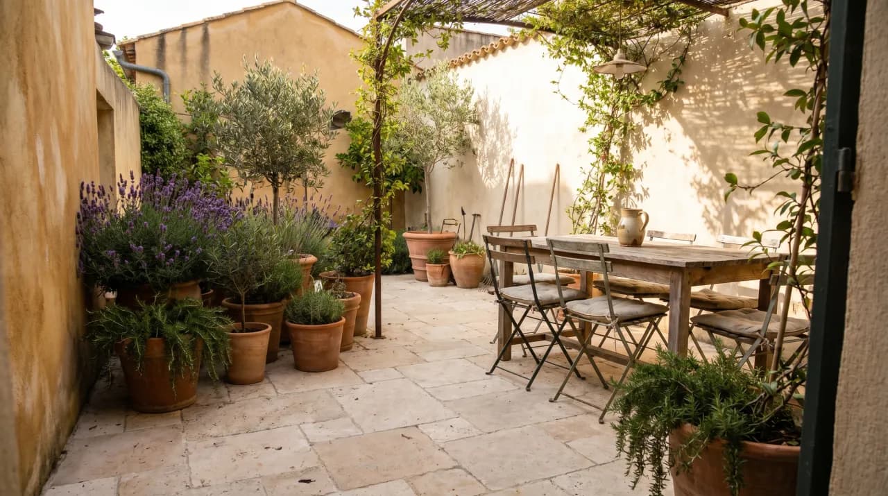 Mediterranean stone courtyard with olive trees in terracotta pots, lavender and a long dining table