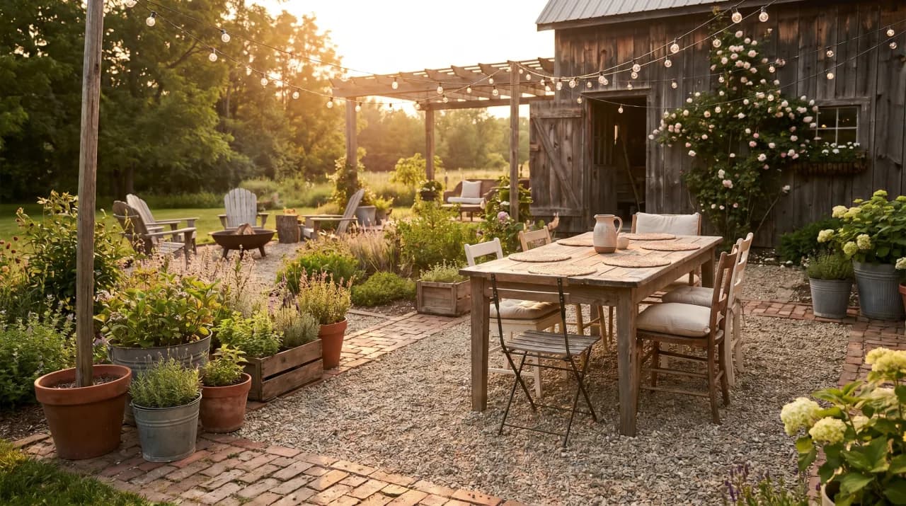 Farmhouse patio with gravel, brick, a long dining table, potted plants, string lights and a barn backdrop