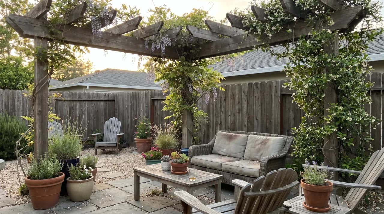 Weathered wood pergola draped in wisteria over a flagstone patio with sofa and Adirondack chairs