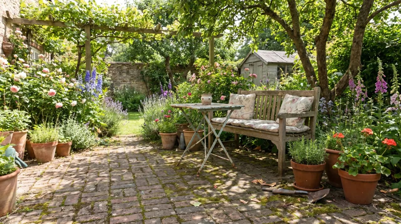 Brick-paved cottage patio with bench, bistro table, foxgloves, roses and colourful perennial borders