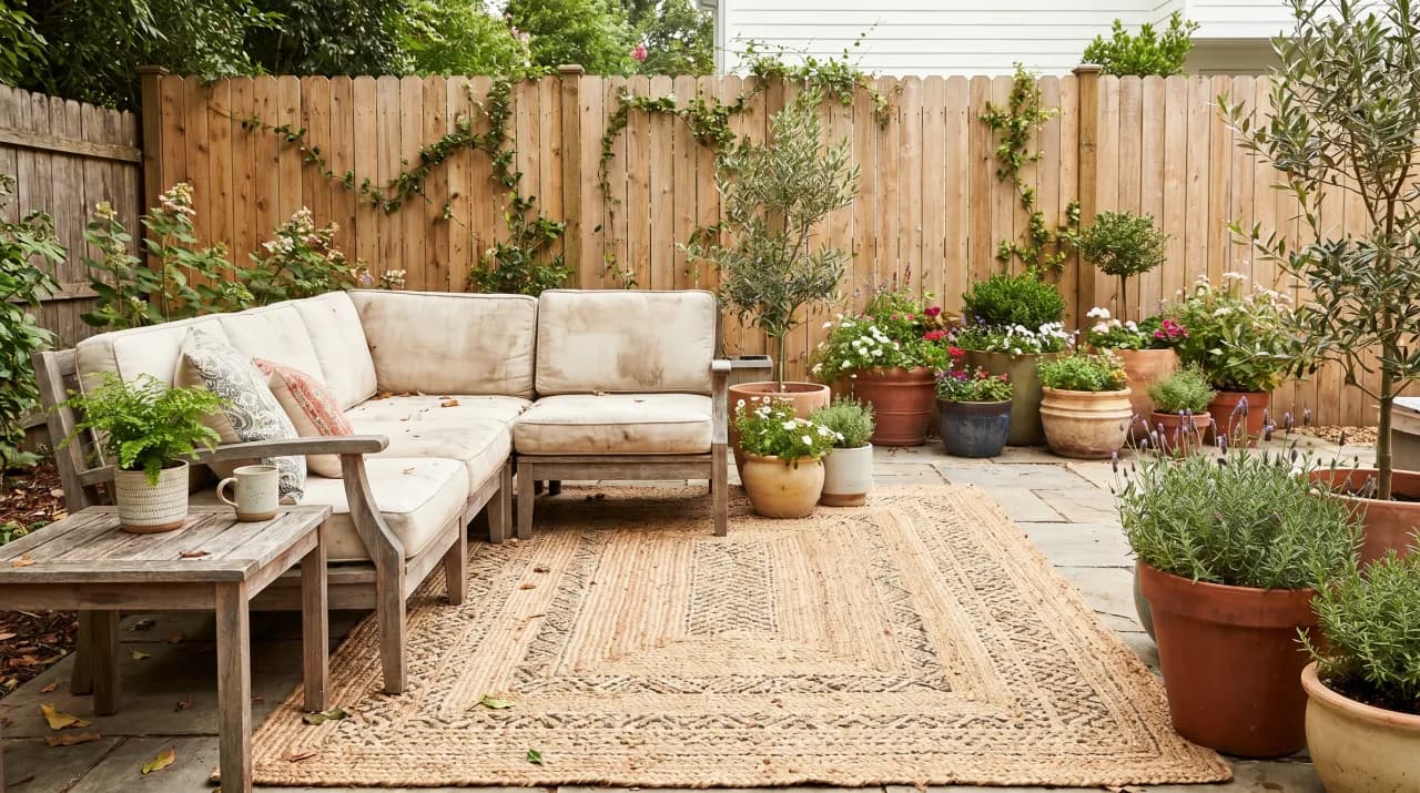 Natural linen sectional sofa on a flagstone patio with jute rug, potted plants and greenery-covered fence