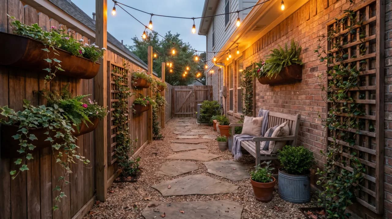 Narrow side-yard passage with string lights, wall-mounted planters, flagstone and climbing ivy on brick