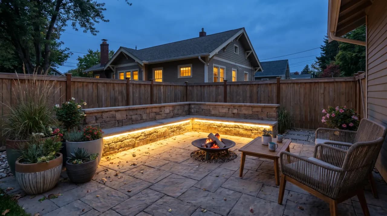 Large patio at night with central fire pit, curved stone seating wall with LED underlighting and ornamental grasses