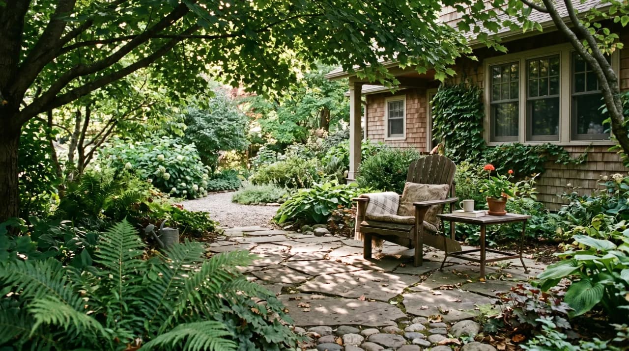 Shaded backyard with flagstone path through hostas, ferns and mature trees with wooden garden chairs