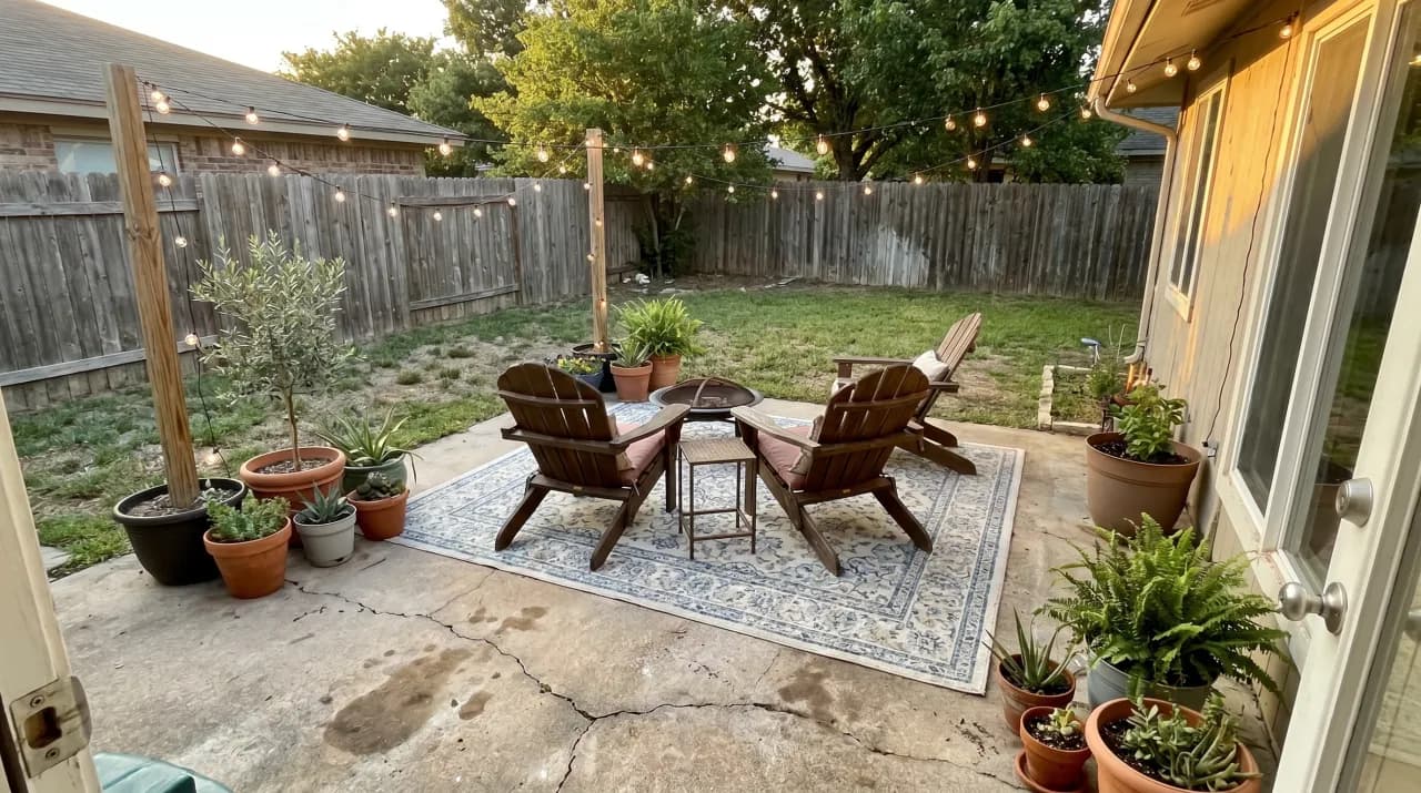 Concrete patio with Adirondack chairs around a small fire table, potted tropical plants and string lights
