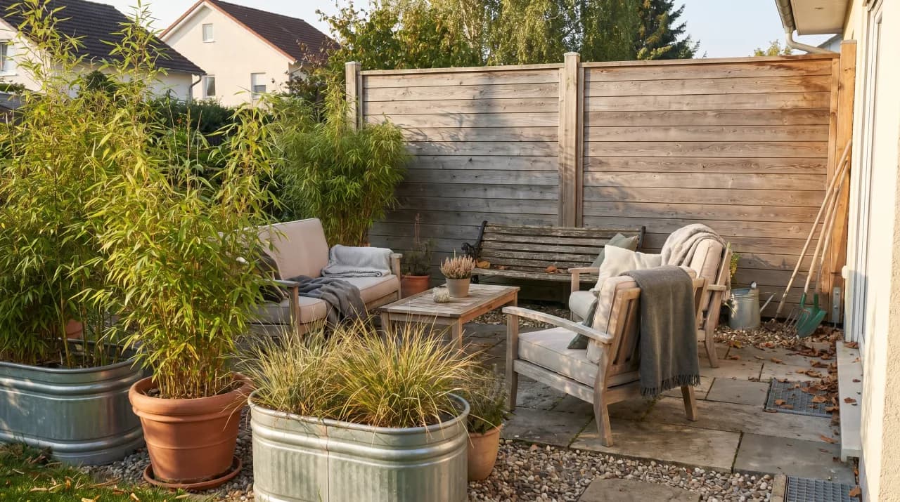 Scandinavian-style patio with pale grey wood fence panels, neutral linen furniture and potted grasses