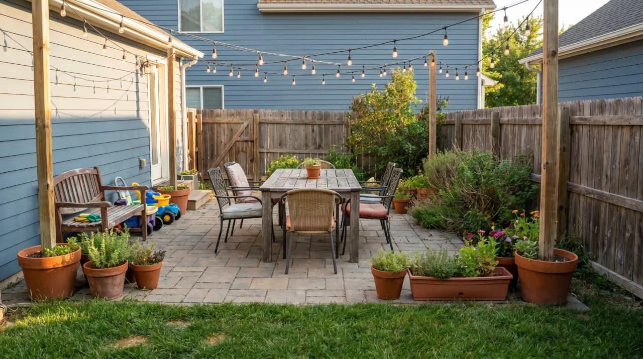 Family backyard with brick paver patio, outdoor dining table, string lights and surrounding perennial garden