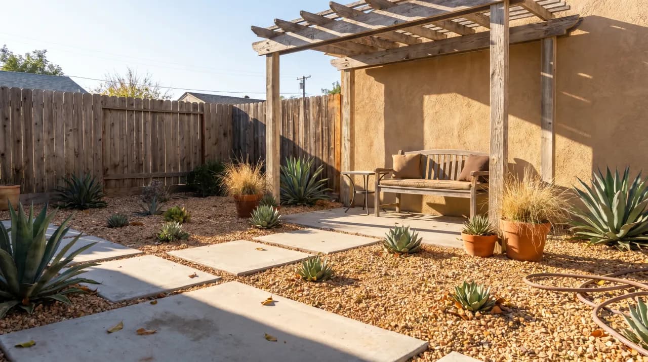 Southwest courtyard with wood pergola, concrete slab path, agave plants and stucco walls with gravel