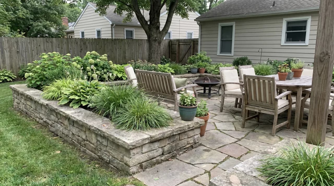 Stone patio with raised garden beds, flagstone seating area surrounded by hostas and lush greenery