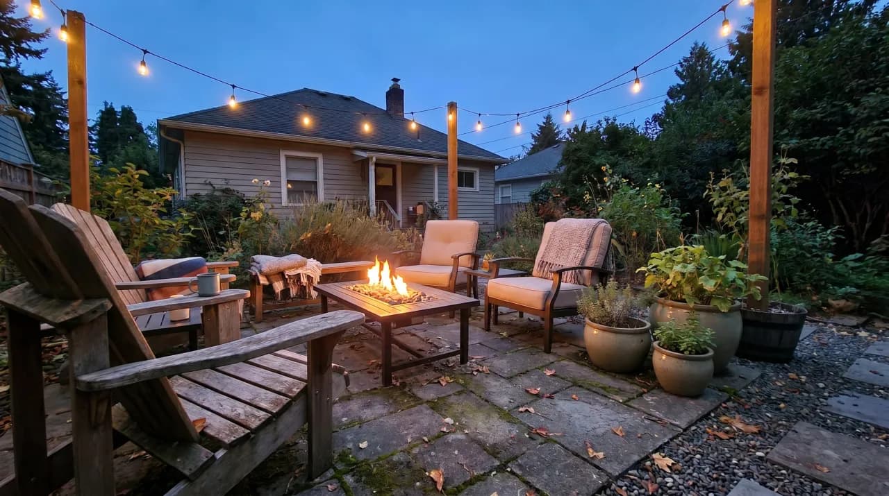 Flagstone patio at night with string lights, Adirondack chairs and a fire pit table among potted plants