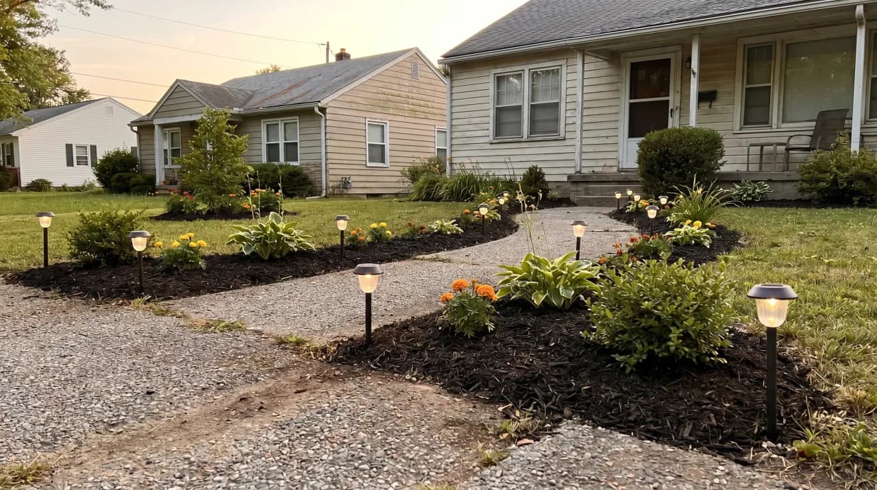 Two suburban homes with fresh mulch beds, solar path lights, small shrubs and marigolds