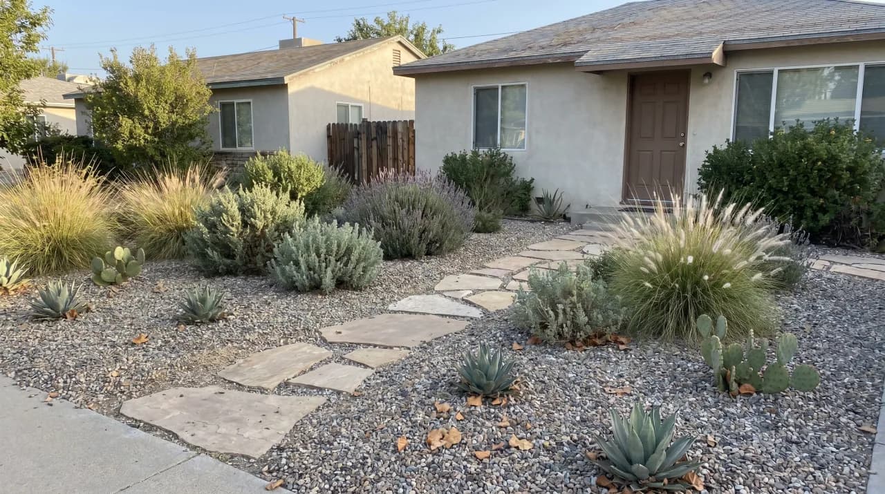 Stucco ranch with gravel front yard, ornamental grasses, agave and a stone stepping path