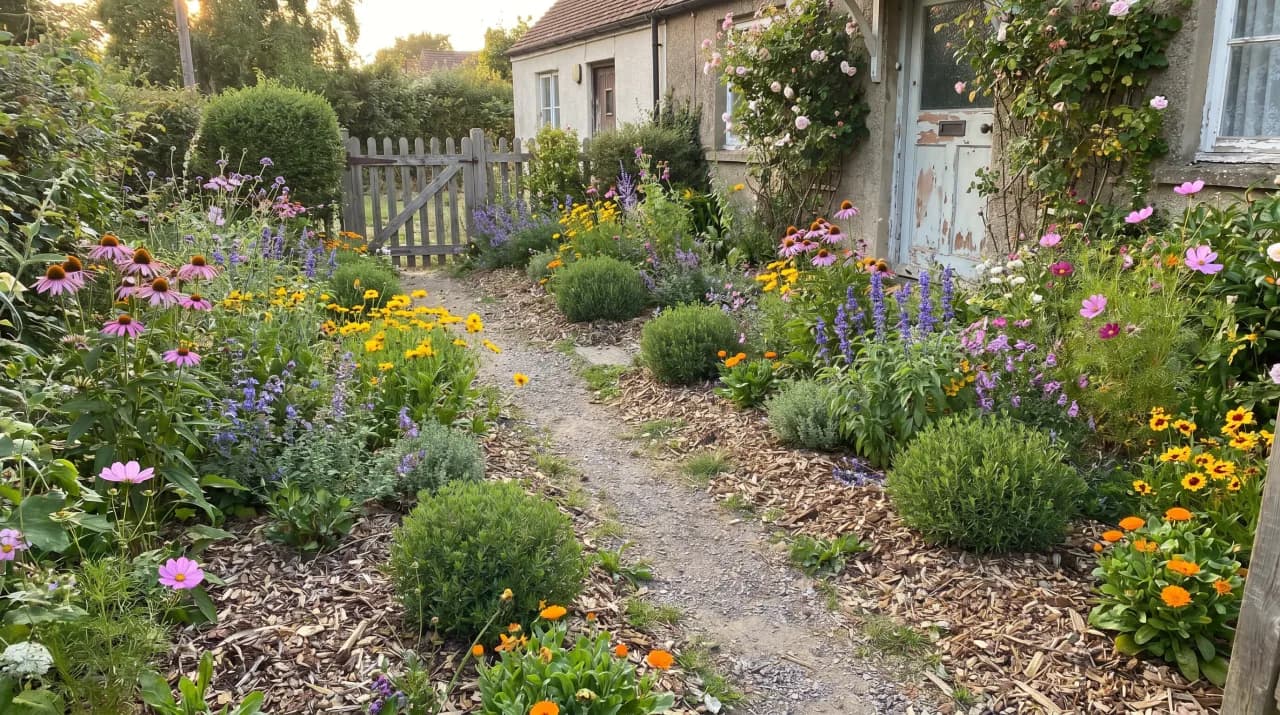 French cottage-style front with mulch path, echinacea, lavender, marigolds and a picket gate