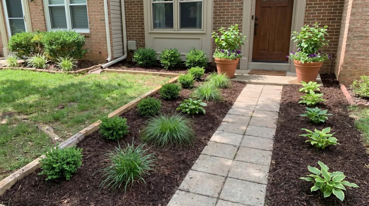 Brick home with clean mulch beds, ornamental grasses, hostas and a straight paver walkway