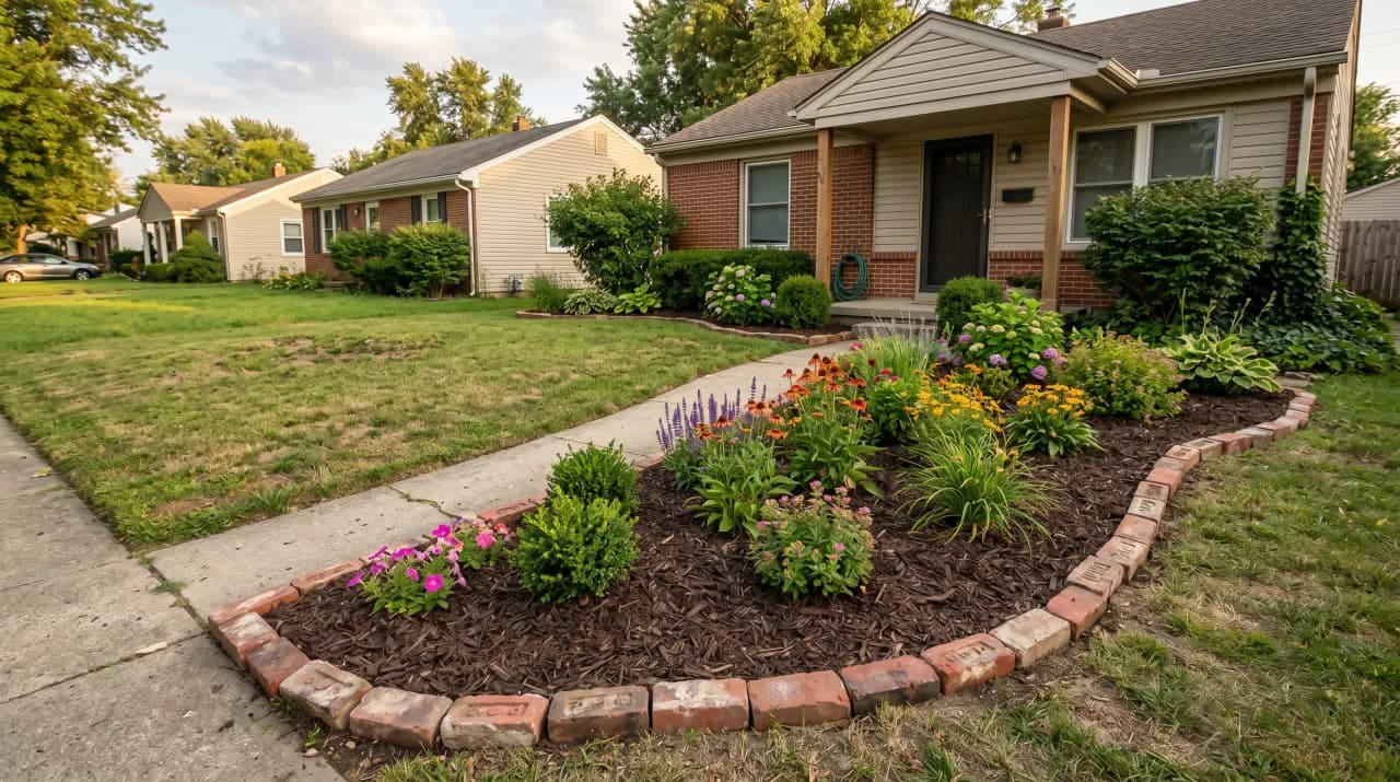 Ranch home with curved brick-edged mulch beds, coneflowers, rudbeckia and a maintained lawn