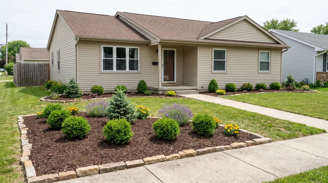 Ranch home with stone-edged mulch beds, round boxwood shrubs, lavender and yellow marigolds