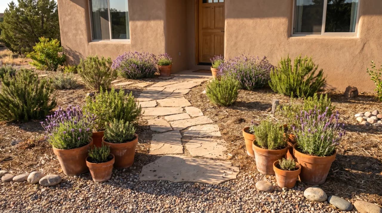 Adobe stucco home with gravel, lavender, rosemary and terracotta pots along a stone path