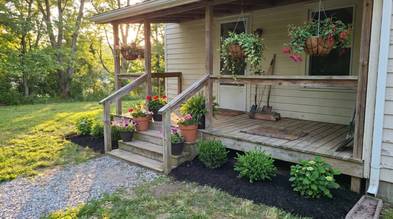 Cottage porch with hanging flower baskets, potted geraniums and simple mulch beds at the entry