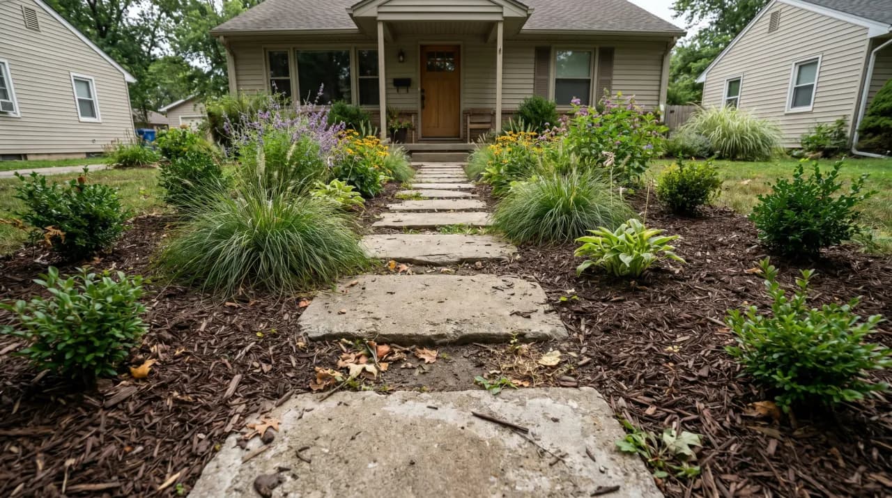 Bungalow with large irregular flagstone stepping stones, ornamental grasses and black-eyed Susans