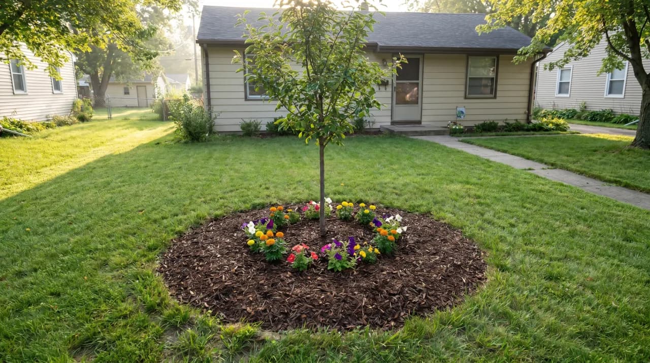 Suburban lawn with a circular mulch ring around a young shade tree planted with annual flowers