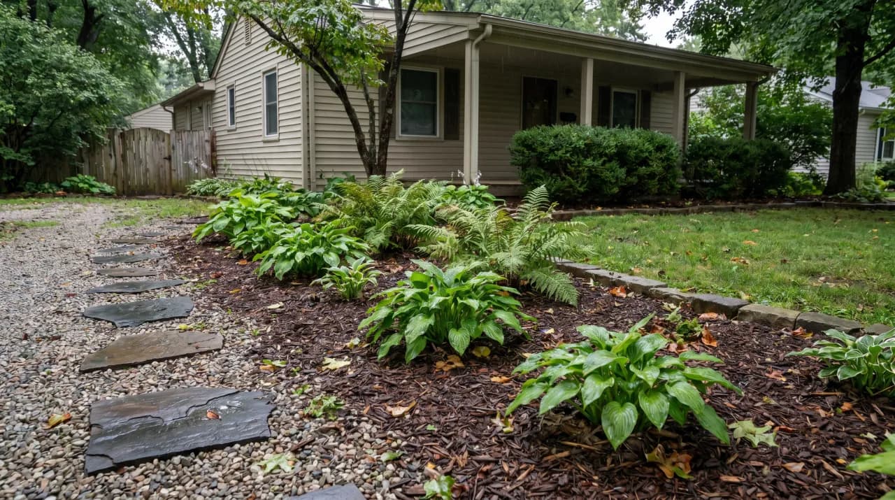 Shaded bungalow with slate stepping stones through a mulch bed of hostas and ferns