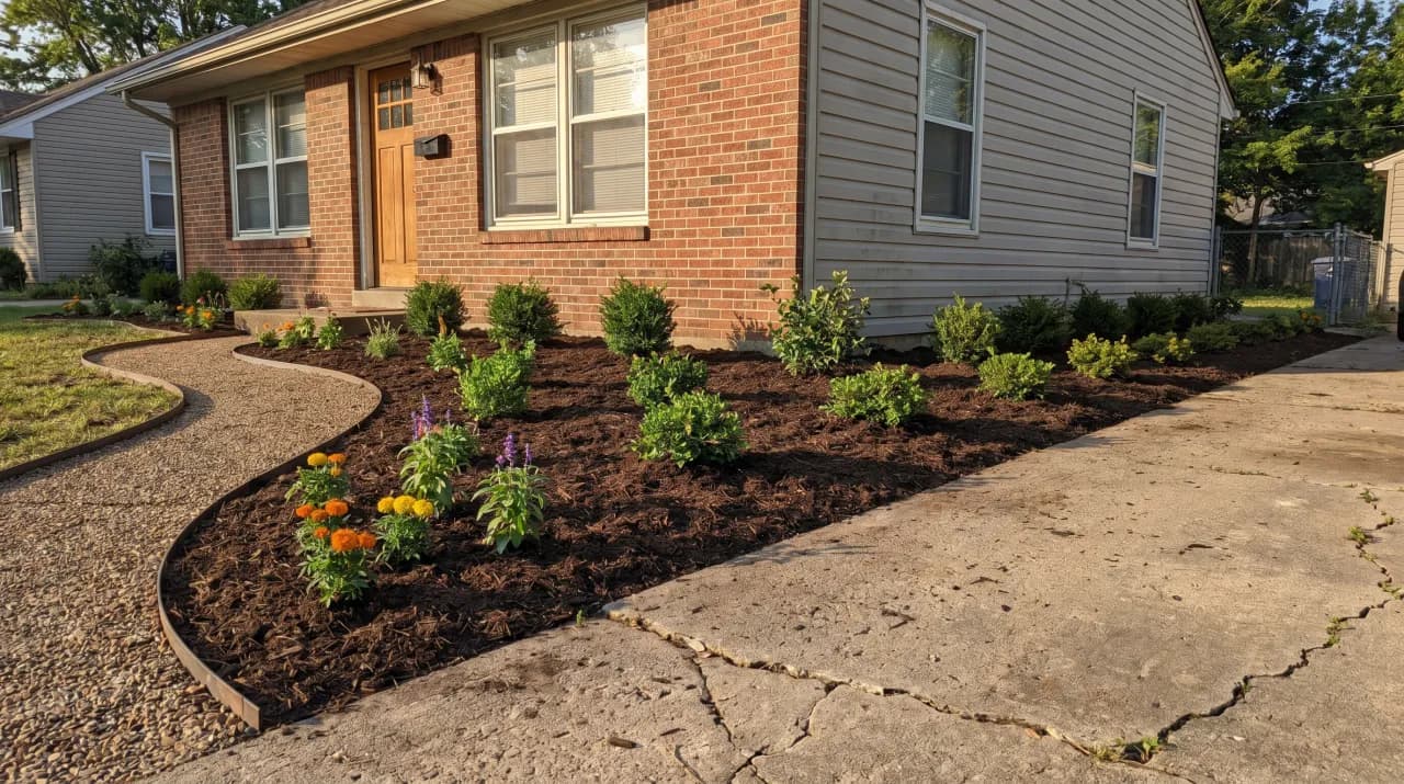 Brick ranch with fresh mulch beds, marigolds and neatly trimmed small shrubs along the facade