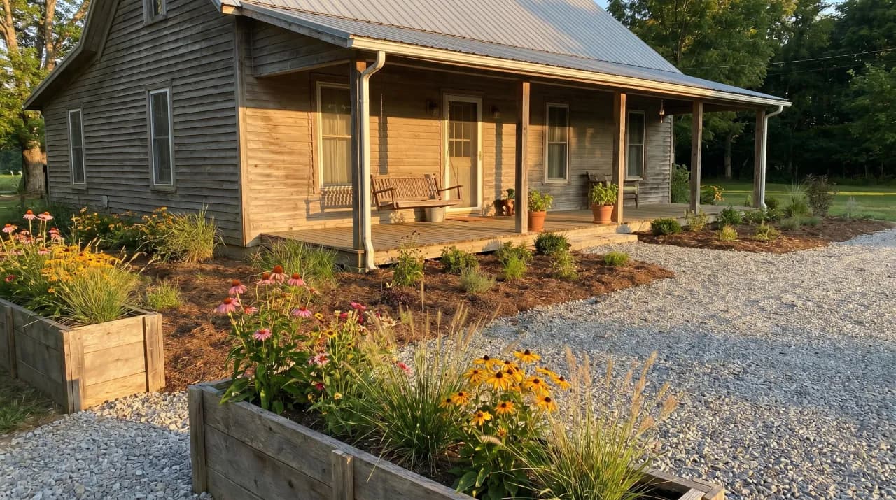 Farmhouse with gravel driveway, raised timber border beds filled with black-eyed Susans and coneflowers