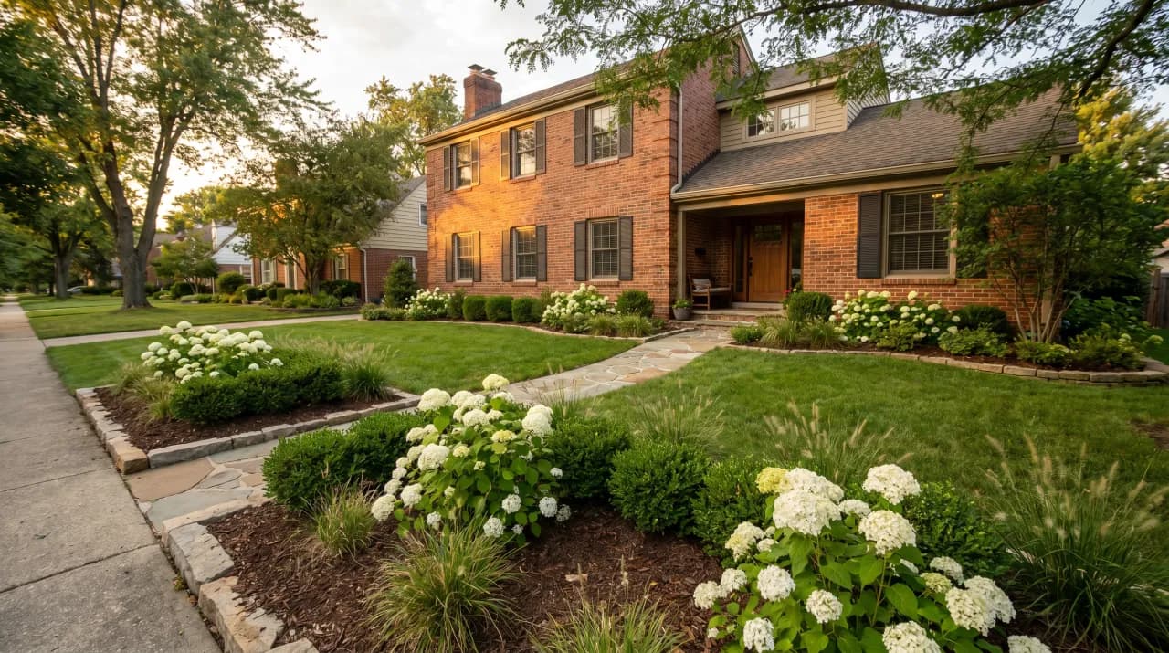 Large brick home with hydrangea-lined mulch beds and mature trees