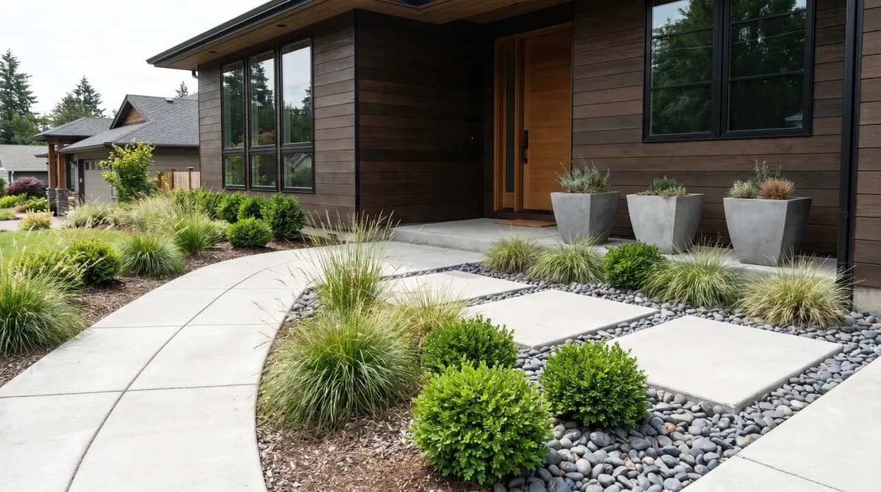Modern cedar home with concrete driveway, ornamental grasses, round shrubs and river rock