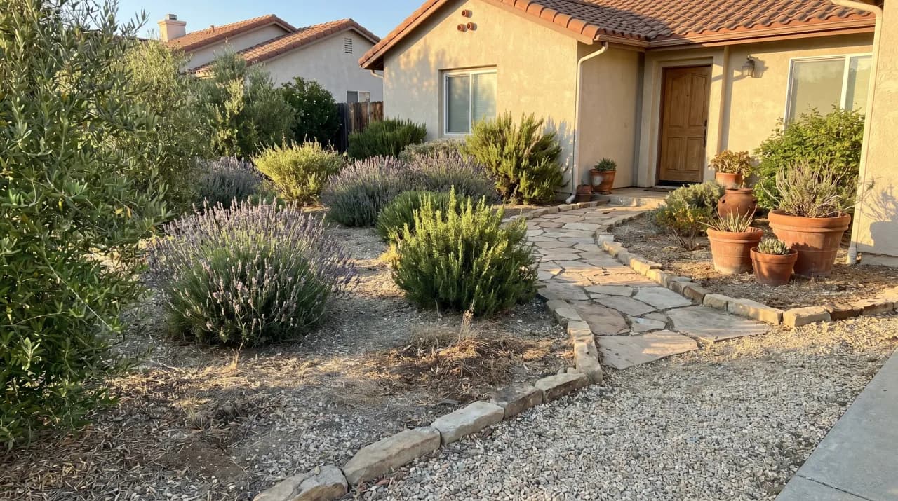 Stucco California home with gravel front yard, lavender, succulents and terracotta pots