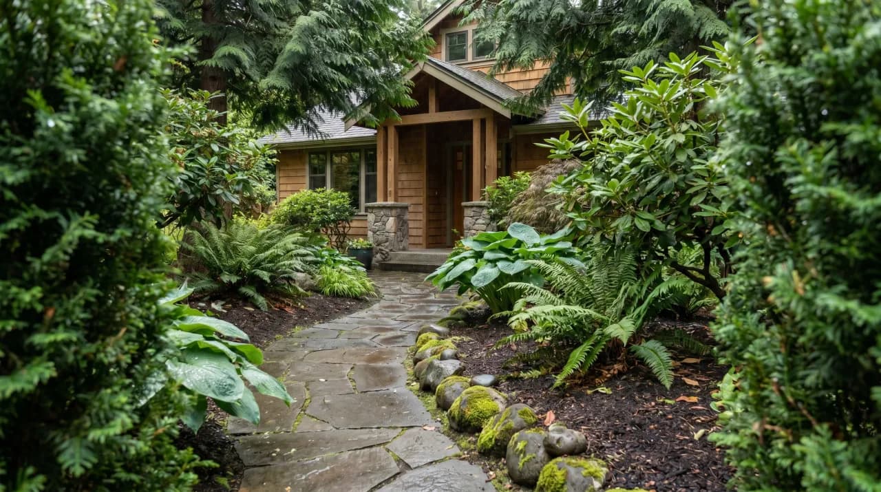 Pacific Northwest craftsman with stone path, ferns, hostas, rhododendrons and moss