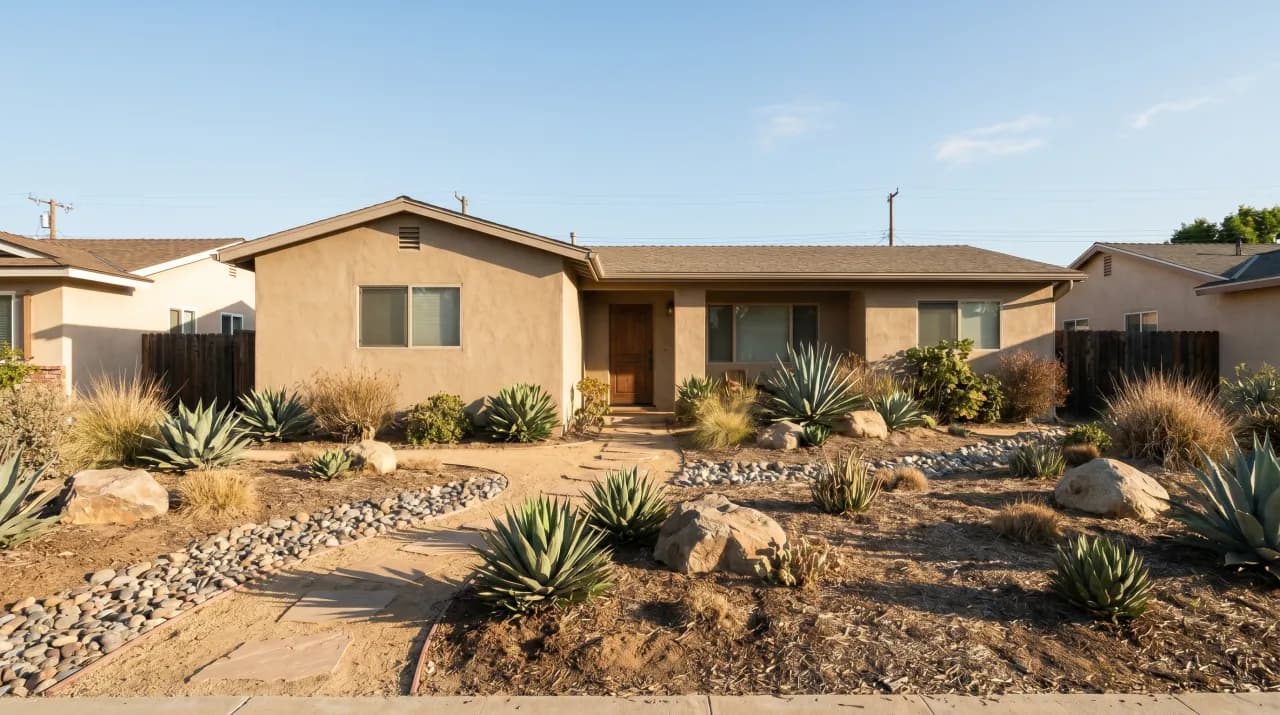 California ranch with agave, succulents and river rock replacing the lawn
