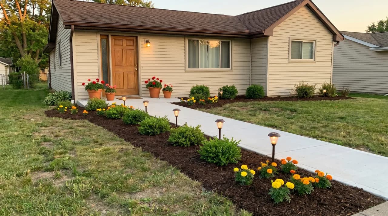Ranch home with long mulch bed, marigolds, annuals and solar path lights