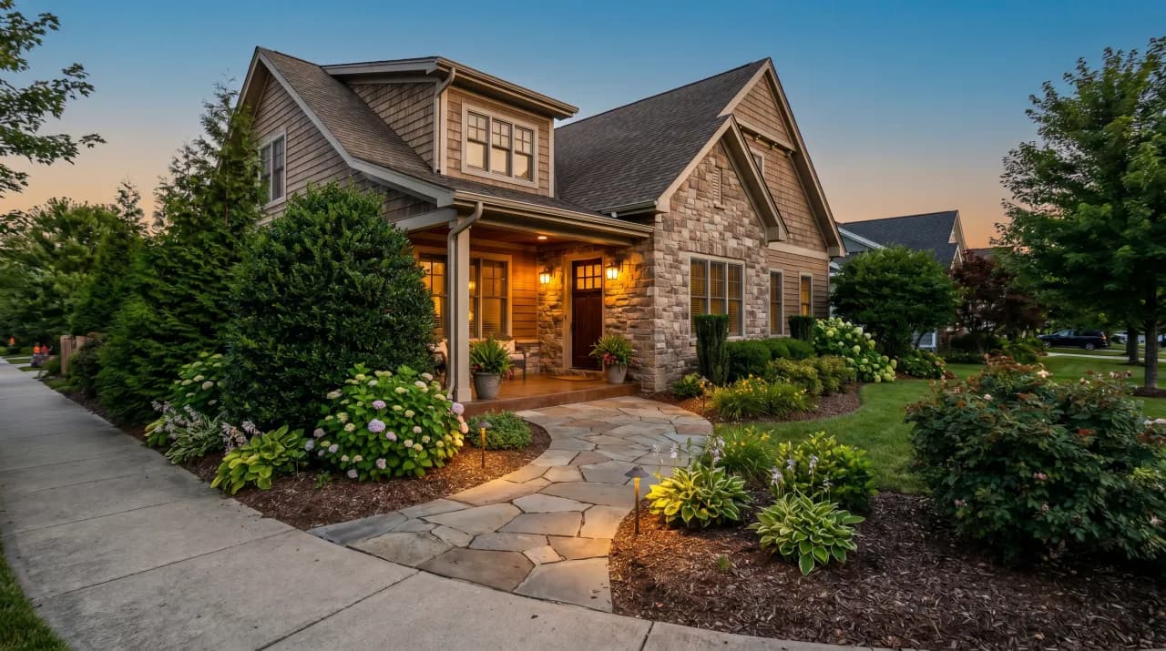 Stone craftsman home at dusk with flagstone path, hydrangeas and lush mixed borders