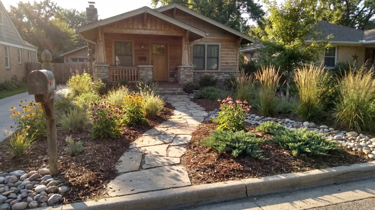 Craftsman bungalow with flagstone path, ornamental grasses, black-eyed Susans and river rock