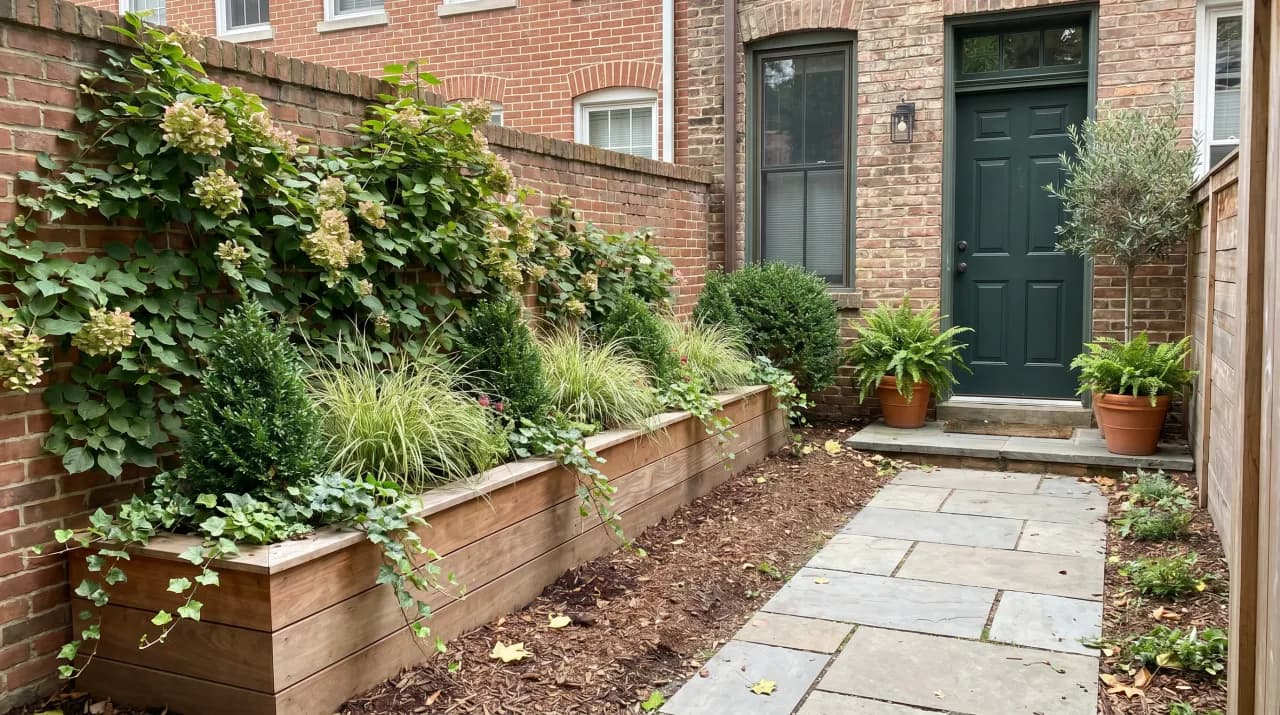 Urban brick townhouse with raised wood planters along a stone path, ornamental grasses and boxwood