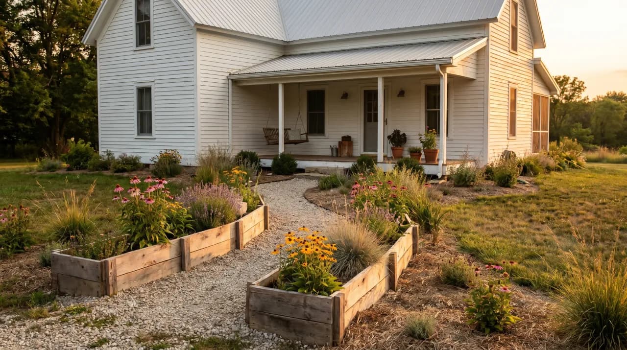 White farmhouse with wooden raised garden beds, gravel paths and wildflowers at golden hour