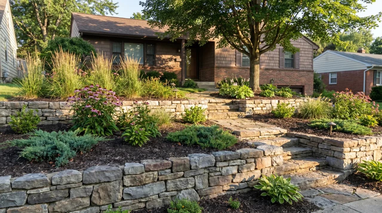 Brick suburban home with stone retaining walls, terraced planting beds and hostas