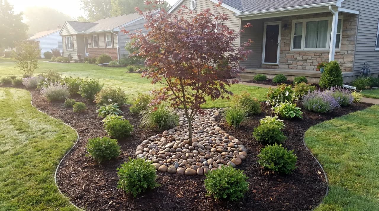 Ranch home with circular island bed centered on a Japanese maple with river rock mulch ring