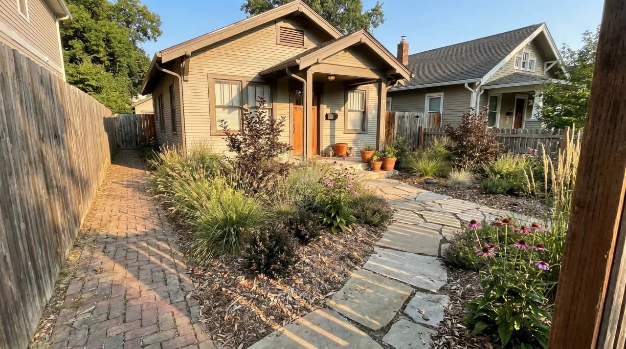 Craftsman bungalow with brick path, ornamental grasses, purple coneflowers and stone accents