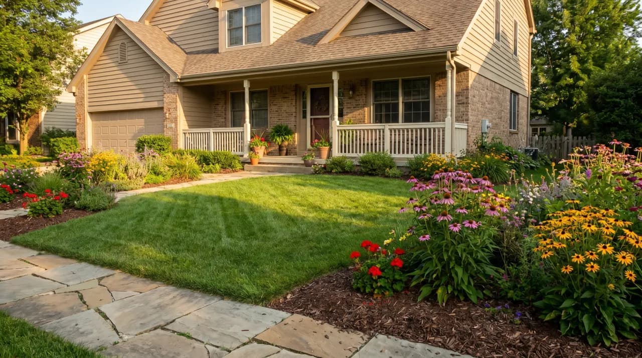 Suburban home with wide lawn and mixed perennial borders of coneflowers, rudbeckia and lavender