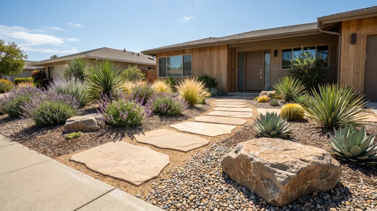 Mid-century home with sandstone stepping stones, agave, yucca, ornamental grasses and boulders