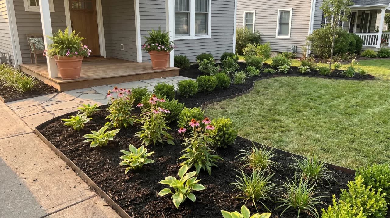Ranch home with wide mulch beds and mixed perennial border of hostas and ornamental grass