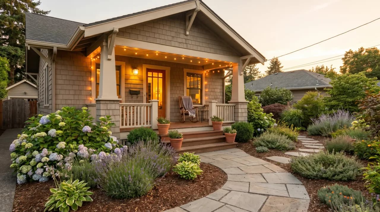 Craftsman bungalow at dusk with curved stone path, hydrangeas, lavender and warm porch lights