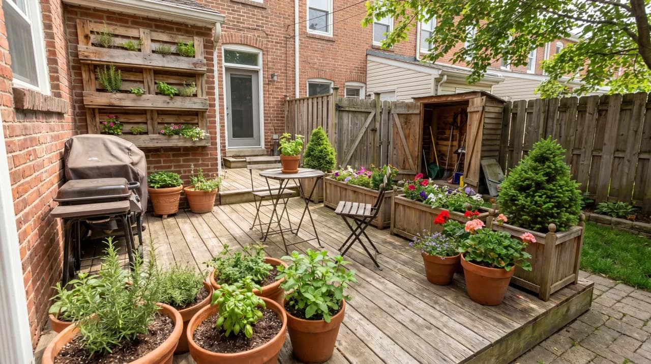 Urban townhouse deck with terracotta pots of herbs and vegetables and a vertical pallet wall planter